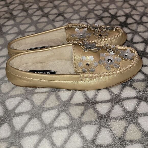 Lands End Faux Fur Lined Loafer Slip On Metallic Snowflake Slipper Shoes Size 7 - Picture 4 of 12